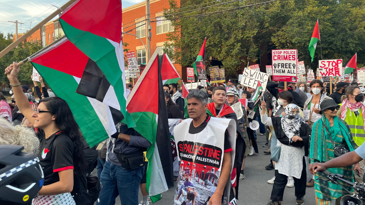Anti-Israel agitators protest VP Harris nomination near DNC, hand out flyers for global ‘intifada’