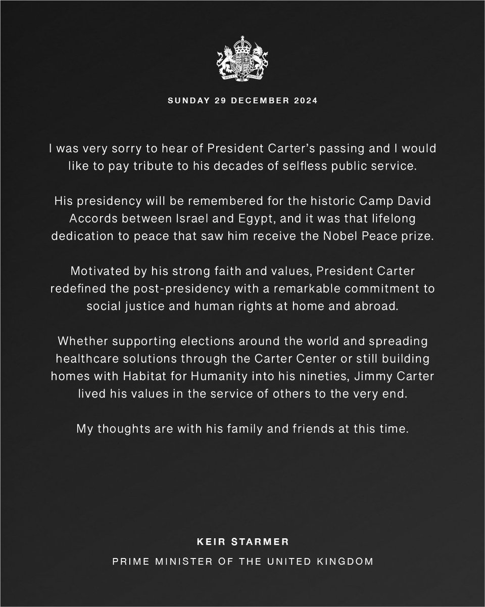 Jimmy Carter: King Charles and PM honour former US president after his death aged 100
